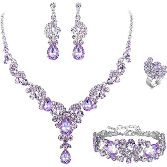 Rhinestone Bridal Necklace Earrings Set Wedding Jewelry Floral Teardrop Jewelry - Picture 7 of 7